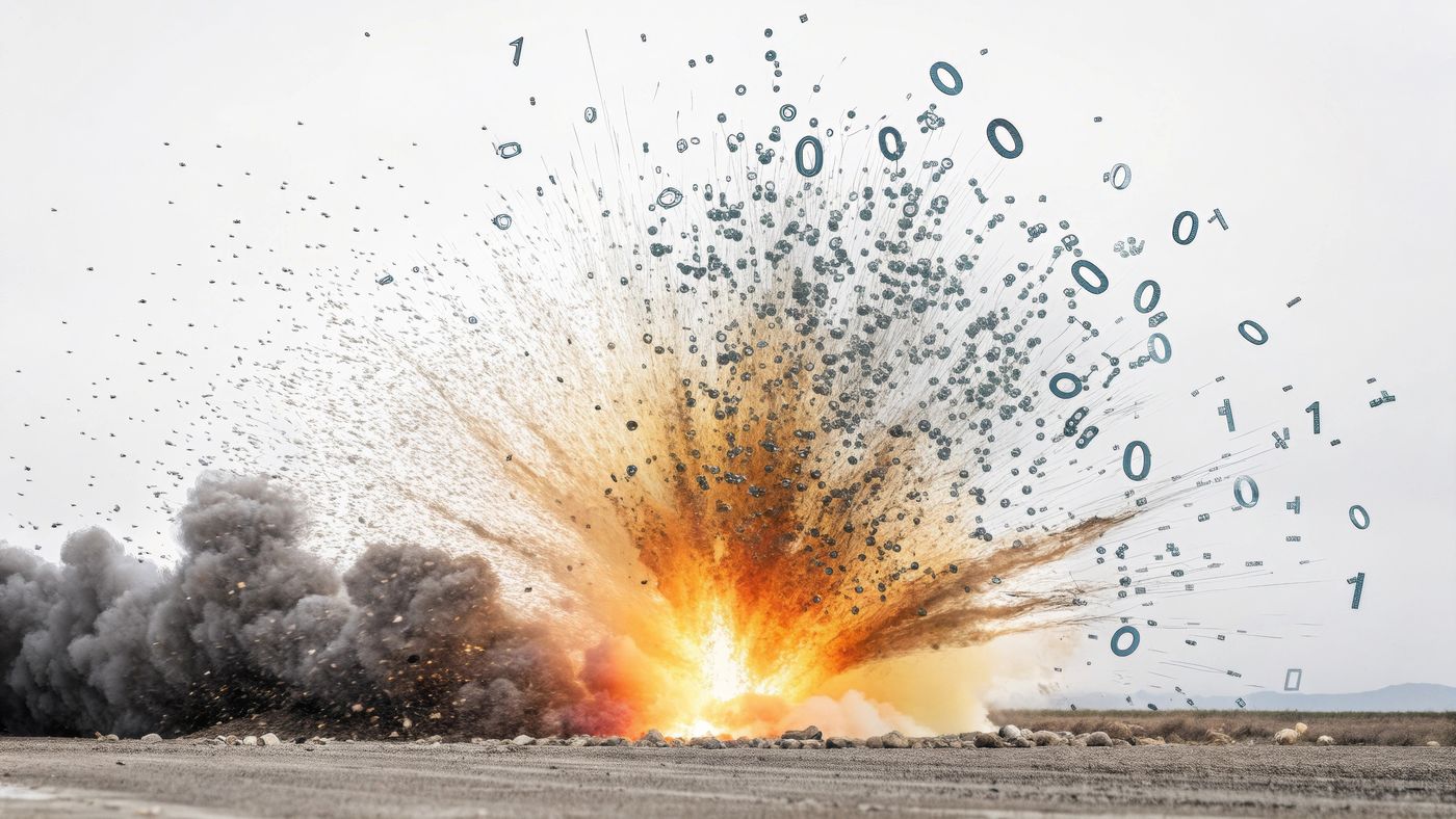 An explosion of soil and binary digits against a white sky