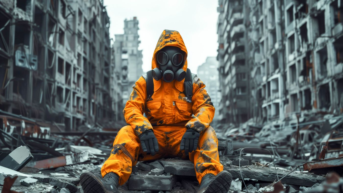 A figure in an orange hazmat suit sitting among ruined grey buildings