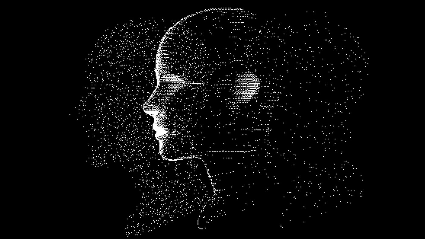 A human profile drawn in scattered white dots on black